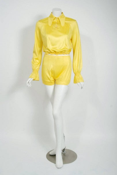 1975 Ossie Clark Yellow Jersey Beagle-Collar Cropped Blouse & Matching Hot Pants