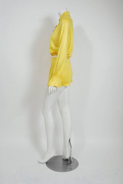 1975 Ossie Clark Yellow Jersey Beagle-Collar Cropped Blouse &amp; Matching Hot Pants