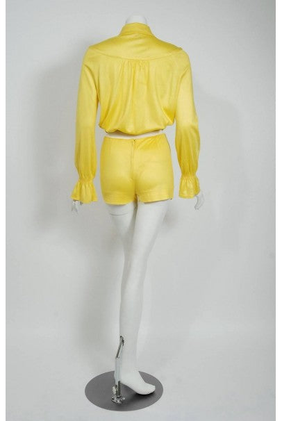 1975 Ossie Clark Yellow Jersey Beagle-Collar Cropped Blouse &amp; Matching Hot Pants