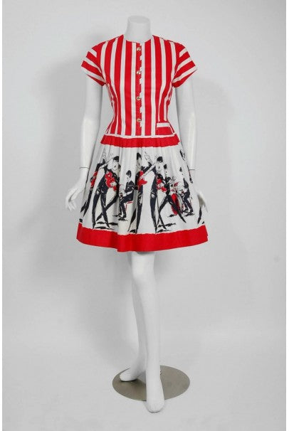 1965 Beatles Memorabilia Novelty Print Striped Cotton Belted Full Skirt Dress