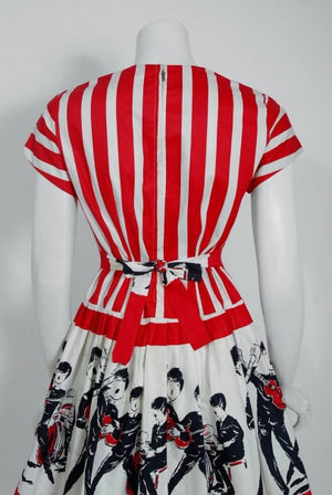 1965 Beatles Memorabilia Novelty Print Striped Cotton Belted Full Skirt Dress