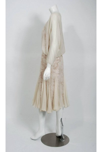 1970&#39;s Travilla Ivory Silk-Chiffon and Lace Illusion Dolman Sleeve Pleated Dress