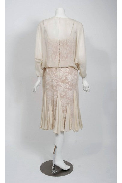 1970&#39;s Travilla Ivory Silk-Chiffon and Lace Illusion Dolman Sleeve Pleated Dress