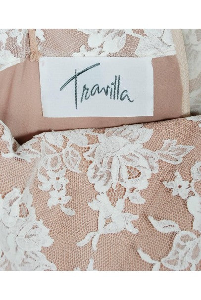 1970&#39;s Travilla Ivory Silk-Chiffon and Lace Illusion Dolman Sleeve Pleated Dress