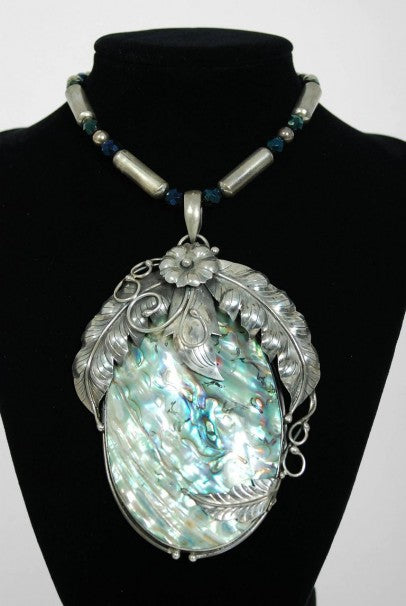 1970&#39;s Native American Abalone Sterling Silver Feather Motif Statement Necklace