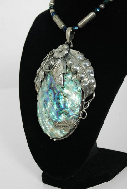 1970&#39;s Native American Abalone Sterling Silver Feather Motif Statement Necklace