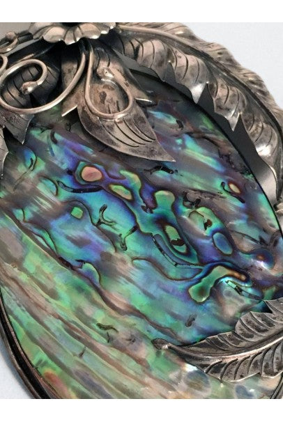 1970&#39;s Native American Abalone Sterling Silver Feather Motif Statement Necklace