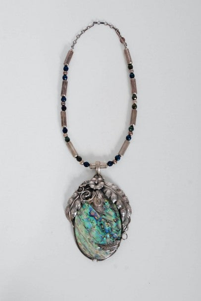 1970&#39;s Native American Abalone Sterling Silver Feather Motif Statement Necklace