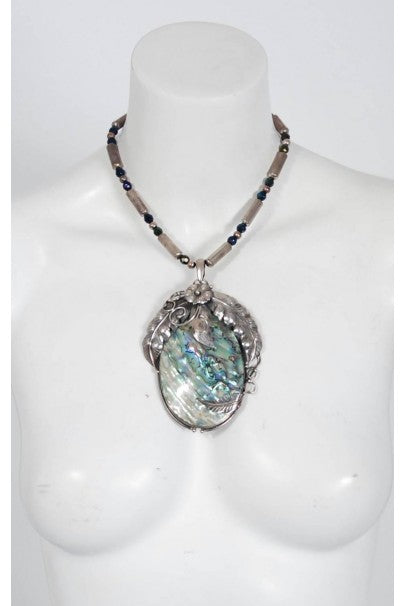 1970&#39;s Native American Abalone Sterling Silver Feather Motif Statement Necklace