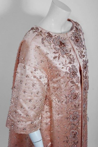 1951 Christian Dior Haute-Couture Beaded Lesage Embroidery Pink Satin Dress Coat