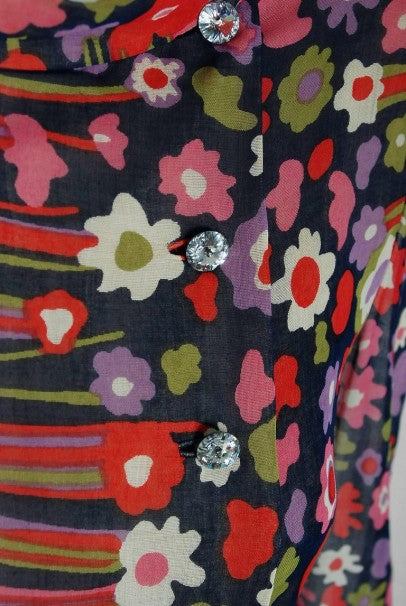 1960&#39;s Pauline Trigere Abstract Floral Cotton Kimono Angel-Sleeve Maxi Dress