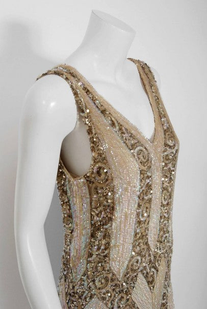 1920&#39;s French Couture Champagne Golden Beaded Sequin Art-Deco Flapper Dress