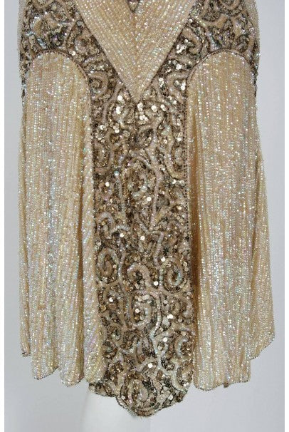 1920&#39;s French Couture Champagne Golden Beaded Sequin Art-Deco Flapper Dress
