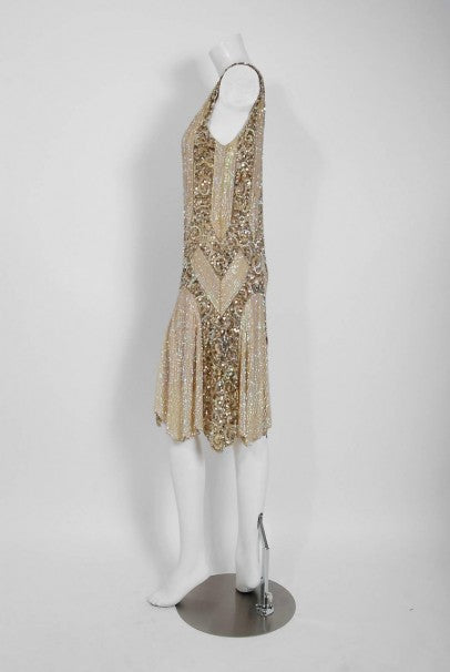 1920&#39;s French Couture Champagne Golden Beaded Sequin Art-Deco Flapper Dress