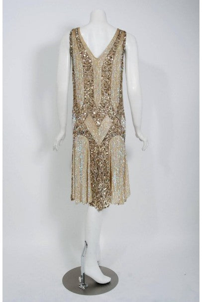 1920&#39;s French Couture Champagne Golden Beaded Sequin Art-Deco Flapper Dress