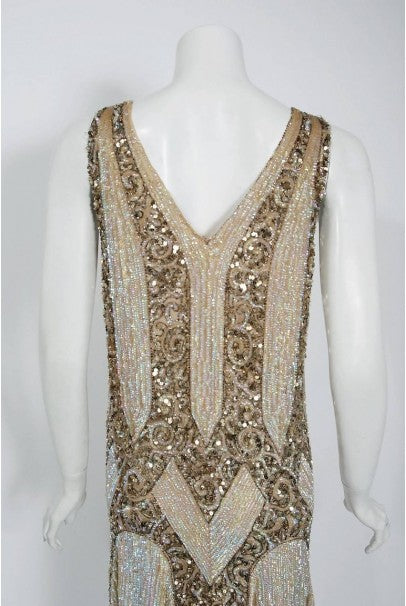 1920&#39;s French Couture Champagne Golden Beaded Sequin Art-Deco Flapper Dress