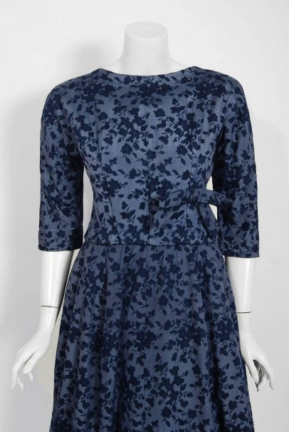 1958 Yves Saint Laurent for Christian Dior Demi Couture Blue Floral Silk Dress