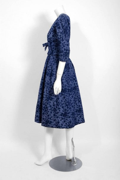 1958 Yves Saint Laurent for Christian Dior Demi Couture Blue Floral Silk Dress