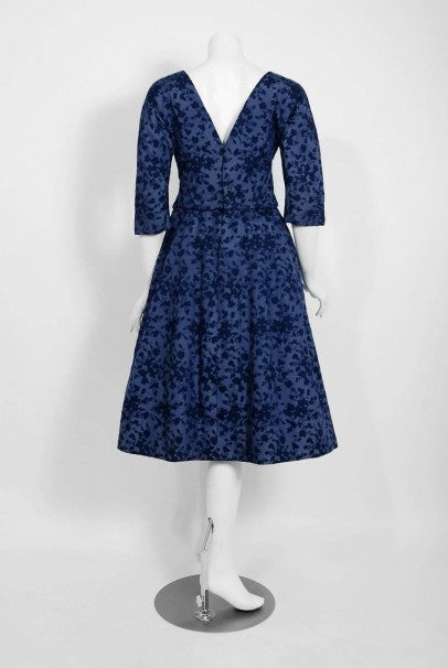 1958 Yves Saint Laurent for Christian Dior Demi Couture Blue Floral Silk Dress