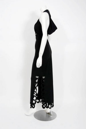 2002 John Galliano Paris Black Silk Cut Out Novelty Hooded Bias-Cut Dress With Tags