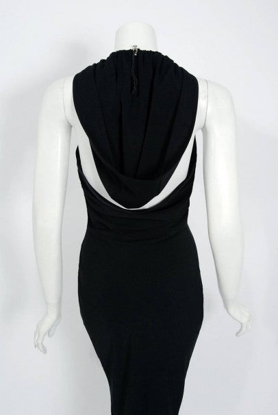 2002 John Galliano Paris Black Silk Cut Out Novelty Hooded Bias-Cut Dress With Tags