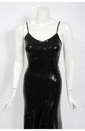 1974 Halston Black Sequin Silk Jersey Bias-Cut Plunge Hourglass Mermaid Dress