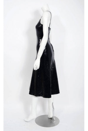 1974 Halston Black Sequin Silk Jersey Bias-Cut Plunge Hourglass Mermaid Dress