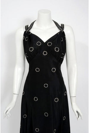 1930's Rhinestone Studded Deco Circles Black Silk Bias-Cut Waterfall Train Dress