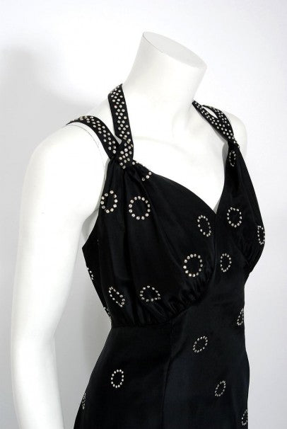 1930&#39;s Rhinestone Studded Deco Circles Black Silk Bias-Cut Waterfall Train Dress
