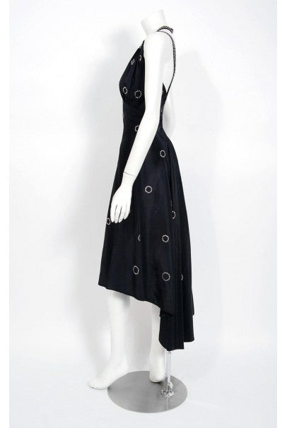 1930&#39;s Rhinestone Studded Deco Circles Black Silk Bias-Cut Waterfall Train Dress