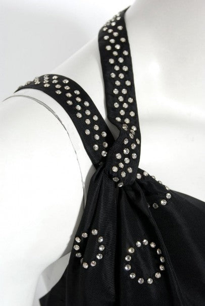1930&#39;s Rhinestone Studded Deco Circles Black Silk Bias-Cut Waterfall Train Dress