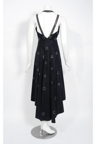 1930&#39;s Rhinestone Studded Deco Circles Black Silk Bias-Cut Waterfall Train Dress
