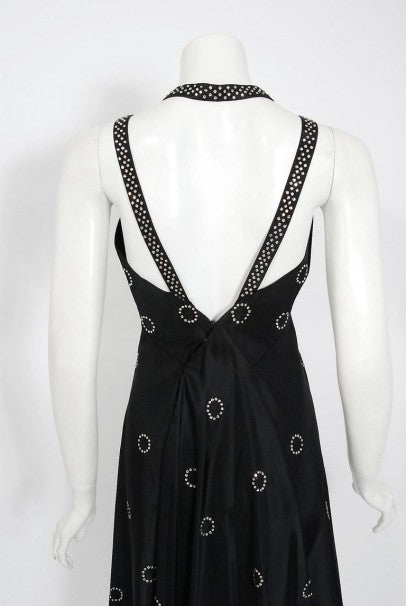 1930&#39;s Rhinestone Studded Deco Circles Black Silk Bias-Cut Waterfall Train Dress