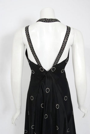 1930's Rhinestone Studded Deco Circles Black Silk Bias-Cut Waterfall Train Dress