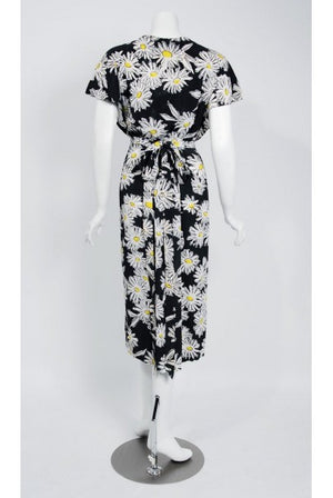 1970's Sheridan Barnet Daisy Print Crepe Plunge Wrap Dress British Vogue