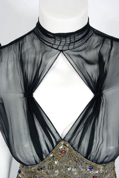 1930's Couture Black Sequin Silk-Chiffon Puff Sleeve Backless Bias-Cut Deco Gown