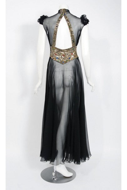 1930's Couture Black Sequin Silk-Chiffon Puff Sleeve Backless Bias-Cut - Timeless Vixen 1930's Couture Black Sequin Silk-Chiffon Puff Sleeve Backless Bias-Cut - Timeless Vixen