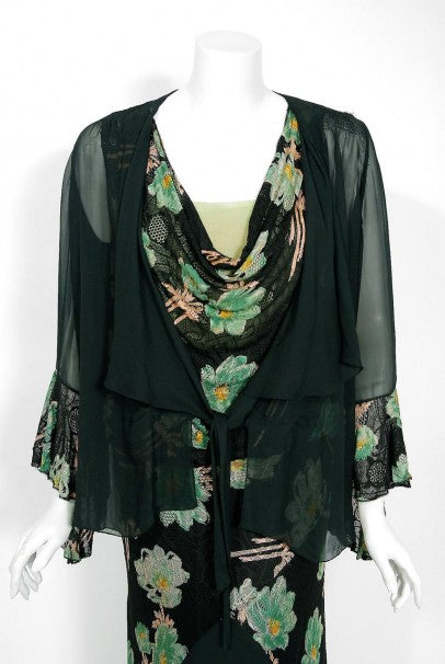 1930&#39;s Green Black Floral Print Lace Chiffon Bias-Cut Gown &amp; Bell-Sleeve Jacket