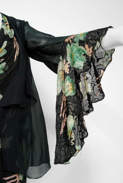 1930&#39;s Green Black Floral Print Lace Chiffon Bias-Cut Gown &amp; Bell-Sleeve Jacket
