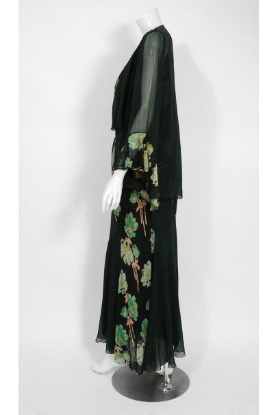 1930&#39;s Green Black Floral Print Lace Chiffon Bias-Cut Gown &amp; Bell-Sleeve Jacket
