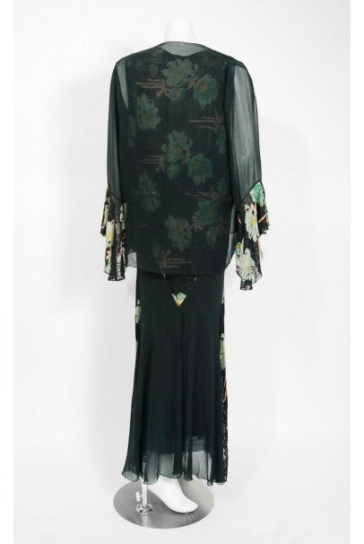 1930&#39;s Green Black Floral Print Lace Chiffon Bias-Cut Gown &amp; Bell-Sleeve Jacket