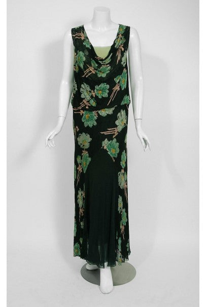 1930&#39;s Green Black Floral Print Lace Chiffon Bias-Cut Gown &amp; Bell-Sleeve Jacket