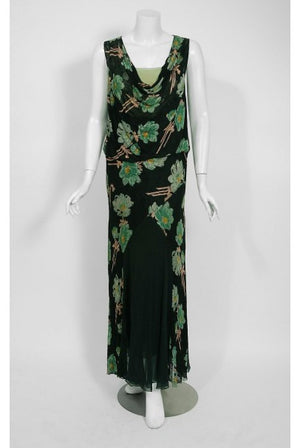 1930's Green Black Floral Print Lace Chiffon Bias-Cut Gown & Bell-Sleeve Jacket