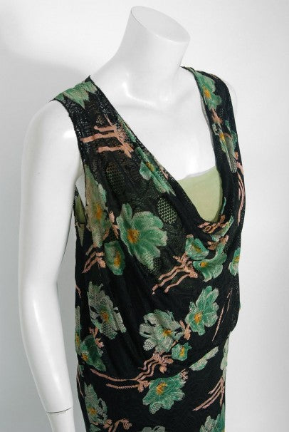 1930&#39;s Green Black Floral Print Lace Chiffon Bias-Cut Gown &amp; Bell-Sleeve Jacket