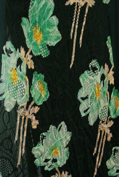 1930&#39;s Green Black Floral Print Lace Chiffon Bias-Cut Gown &amp; Bell-Sleeve Jacket