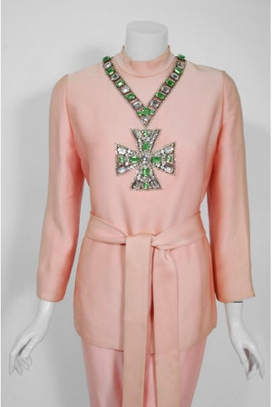 1968 Norman Norell Light-Pink Silk Jeweled Maltese Cross Belted Tunic Pantsuit