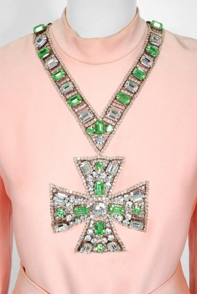 1968 Norman Norell Light-Pink Silk Jeweled Maltese Cross Belted Tunic Pantsuit