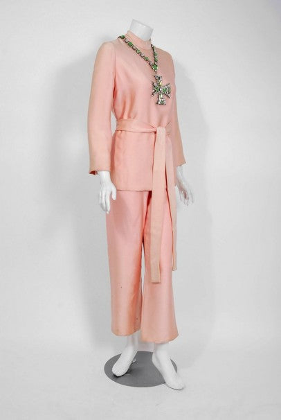 1968 Norman Norell Light-Pink Silk Jeweled Maltese Cross Belted Tunic Pantsuit
