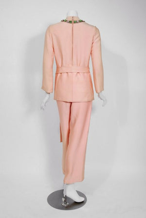 1968 Norman Norell Light-Pink Silk Jeweled Maltese Cross Belted Tunic Pantsuit