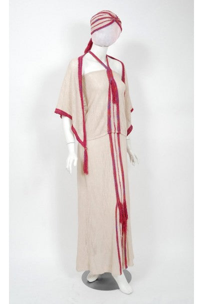 1970 Mary Farrin London Beige Raspberry Hand-Knit Tassel Halter 4-Piece Ensemble